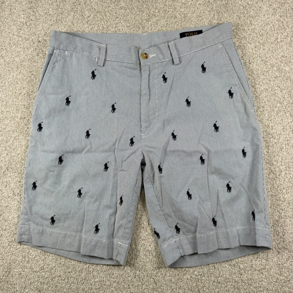 Polo Ralph Lauren Shorts Men 32 Blue White Seersucker All Over Pony Embroidered